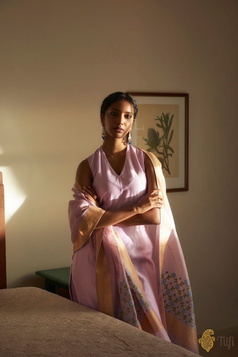 Lilac Pure Chanderi Suit &amp; Pure Kora Silk by Cotton Handwoven Banarasi Dupatta Set