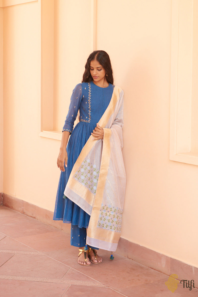 Cobalt Blue Pure Chanderi Suit &amp; Pure Kora Silk by Cotton Handwoven Banarasi Dupatta Set