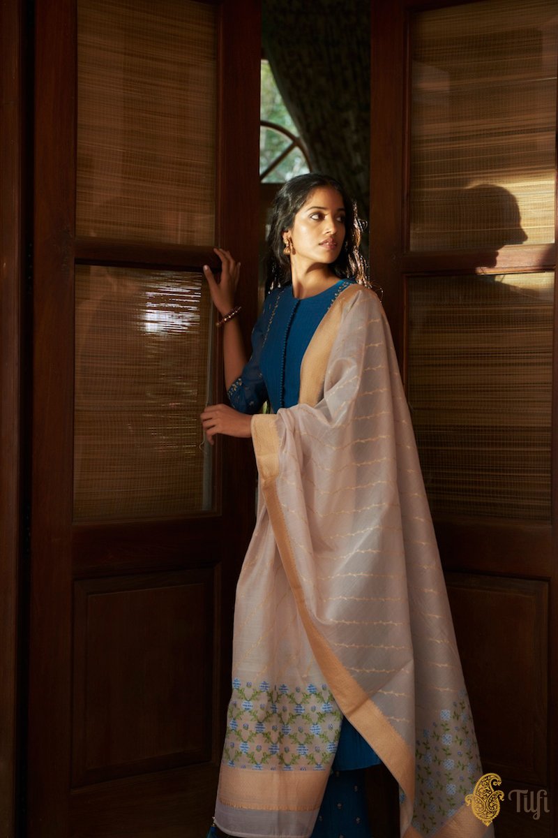 Cobalt Blue Pure Chanderi Suit &amp; Pure Kora Silk by Cotton Handwoven Banarasi Dupatta Set