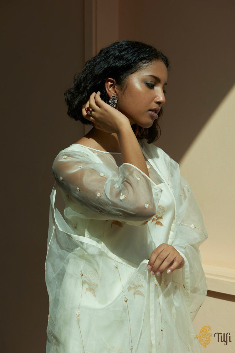 Off-White Pure Kora Silk by Cotton Handwoven Banarasi Suit Set