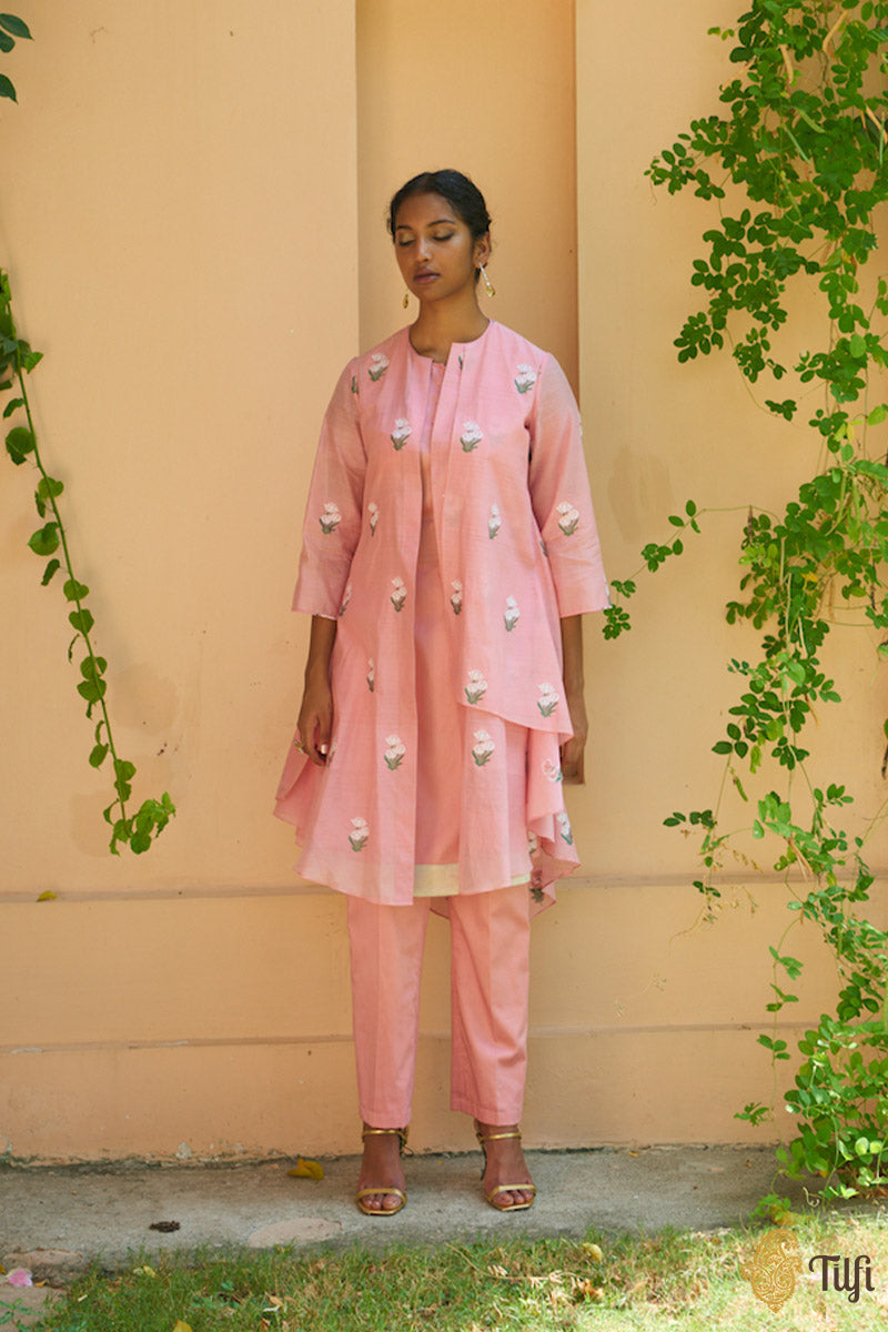 Taffy Pink Pure Kora Silk by Cotton Handwoven Banarasi Jacket Set