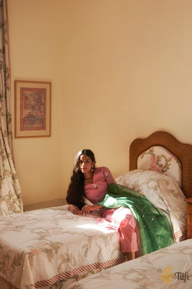 Taffy Pink Pure Kora Silk by Cotton Handwoven Banarasi Suit Set