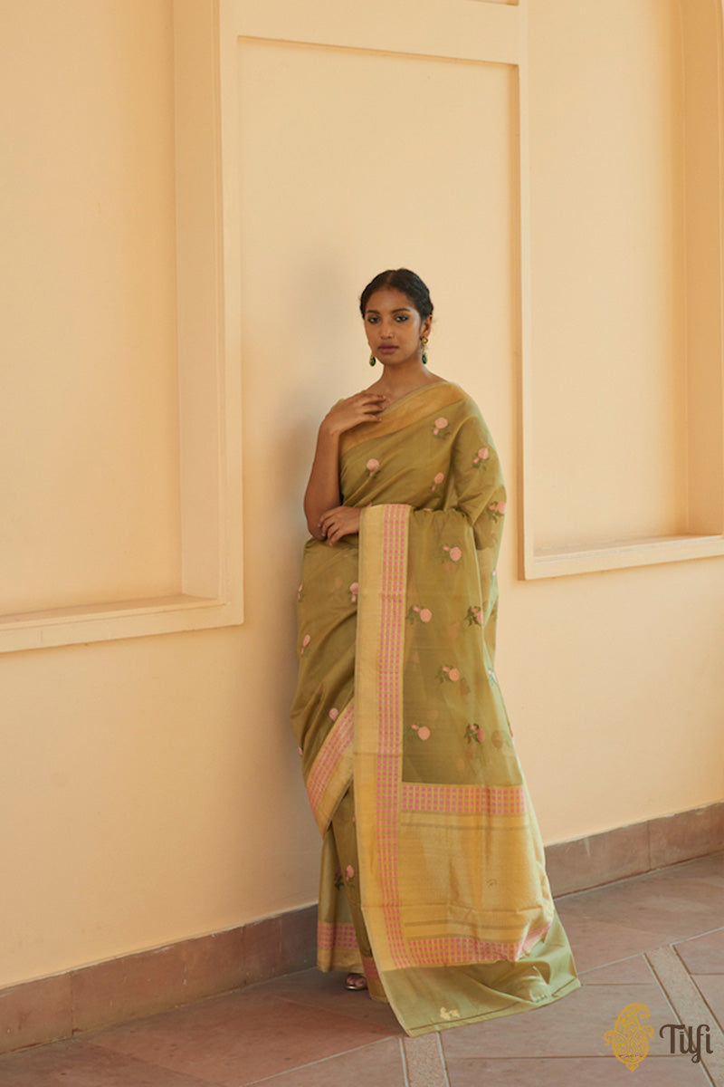 Moss Green Pure Kora Silk by Cotton Handwoven Banarasi Saree