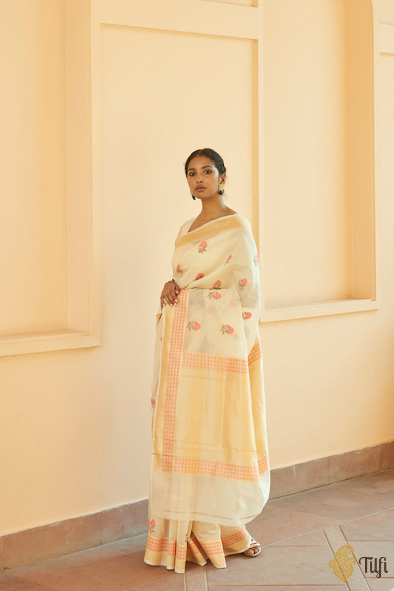 &#39;Seashell Blush&#39; Off-White Pure Kora Silk by Cotton Handwoven Banarasi Saree