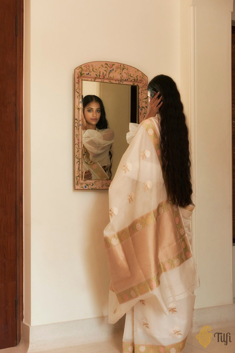 &#39;Morning Dew&#39; Off-White Pure Kora Silk by Cotton Handwoven Banarasi Saree