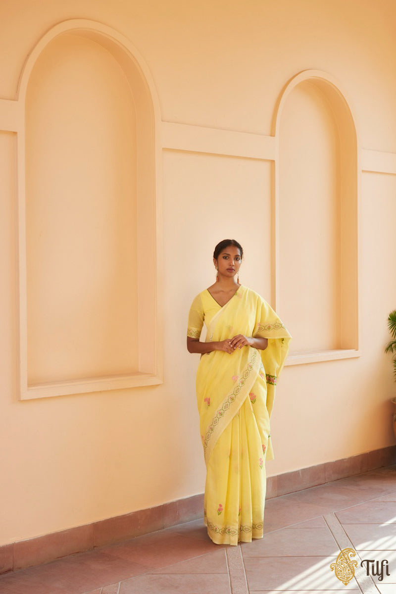Yellow Pure Kora Silk by Cotton Handwoven Banarasi Saree