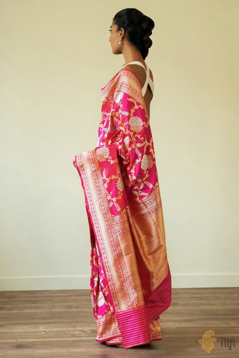 &#39;Suvarna&#39; Orange-Pink Pure Katan Silk Banarasi Handloom Saree