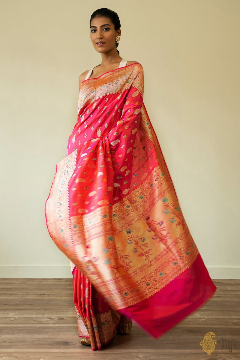 Orange-Pink Pure Katan Silk Handloom Banarasi Saree