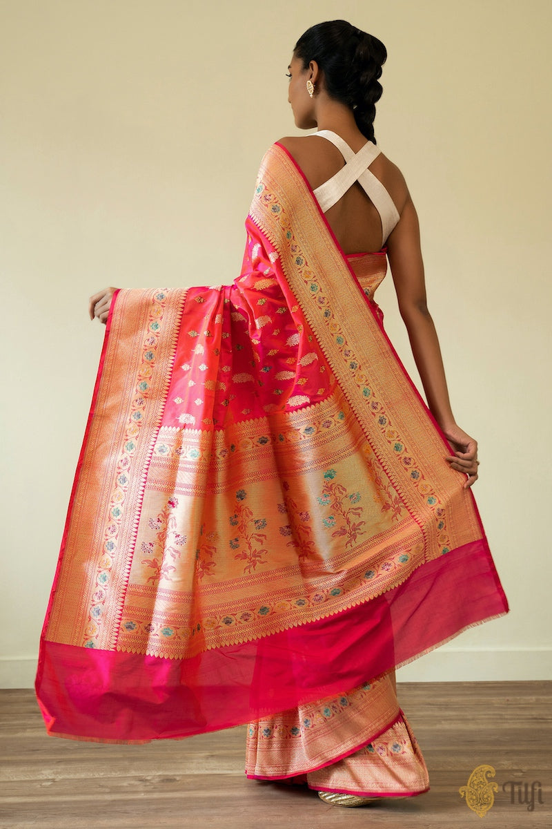 Orange-Pink Pure Katan Silk Handloom Banarasi Saree