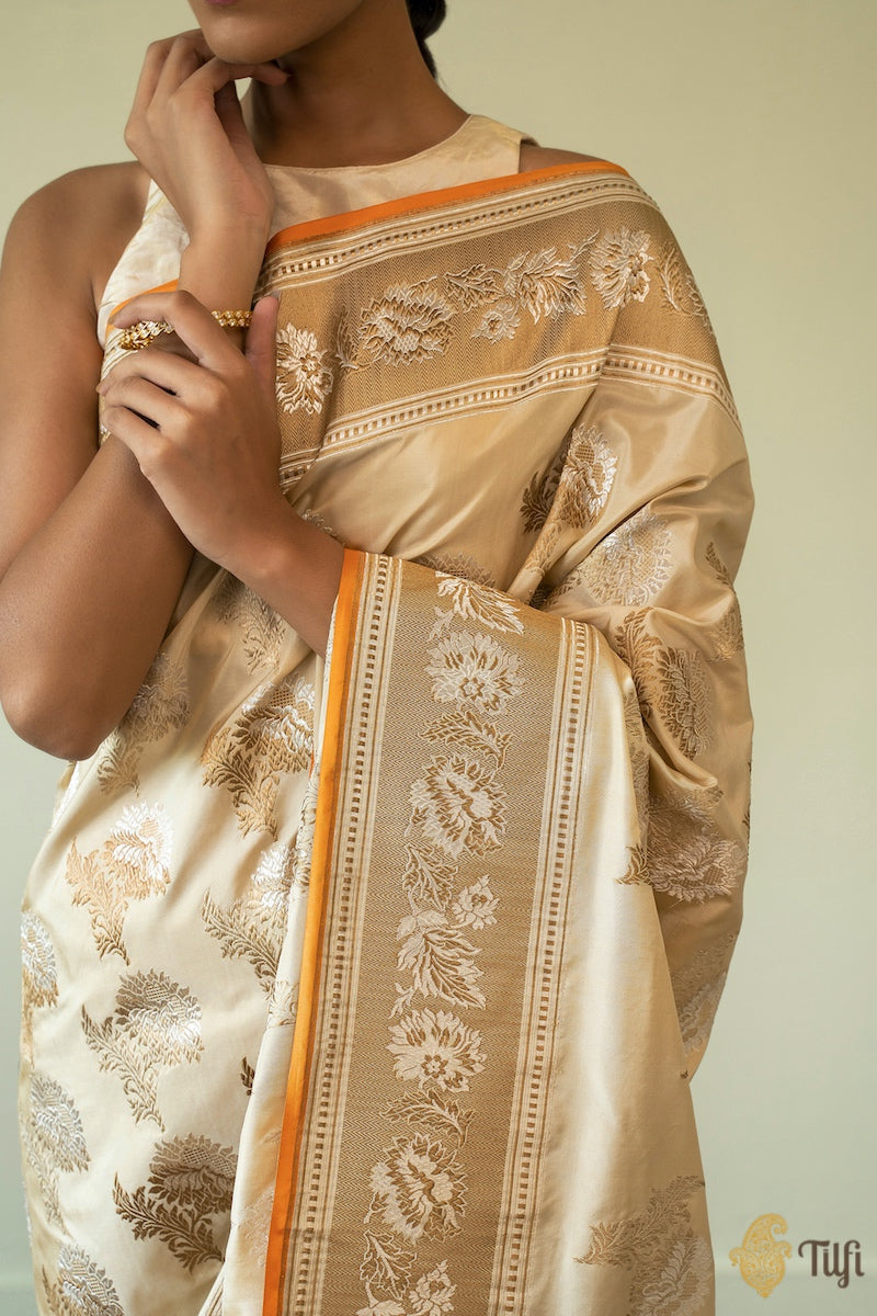 Cream Pure Katan Silk Handloom Banarasi Saree