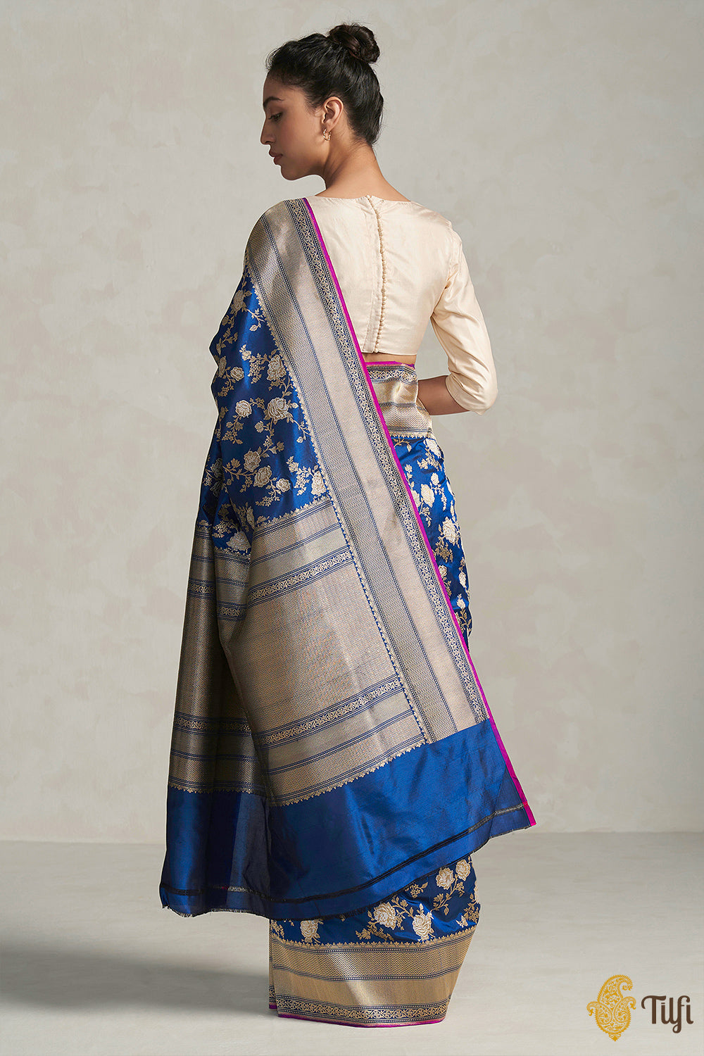 &#39;Sadhana&#39; Midnight Blue Pure Katan Silk Banarasi Handloom Jangla Saree