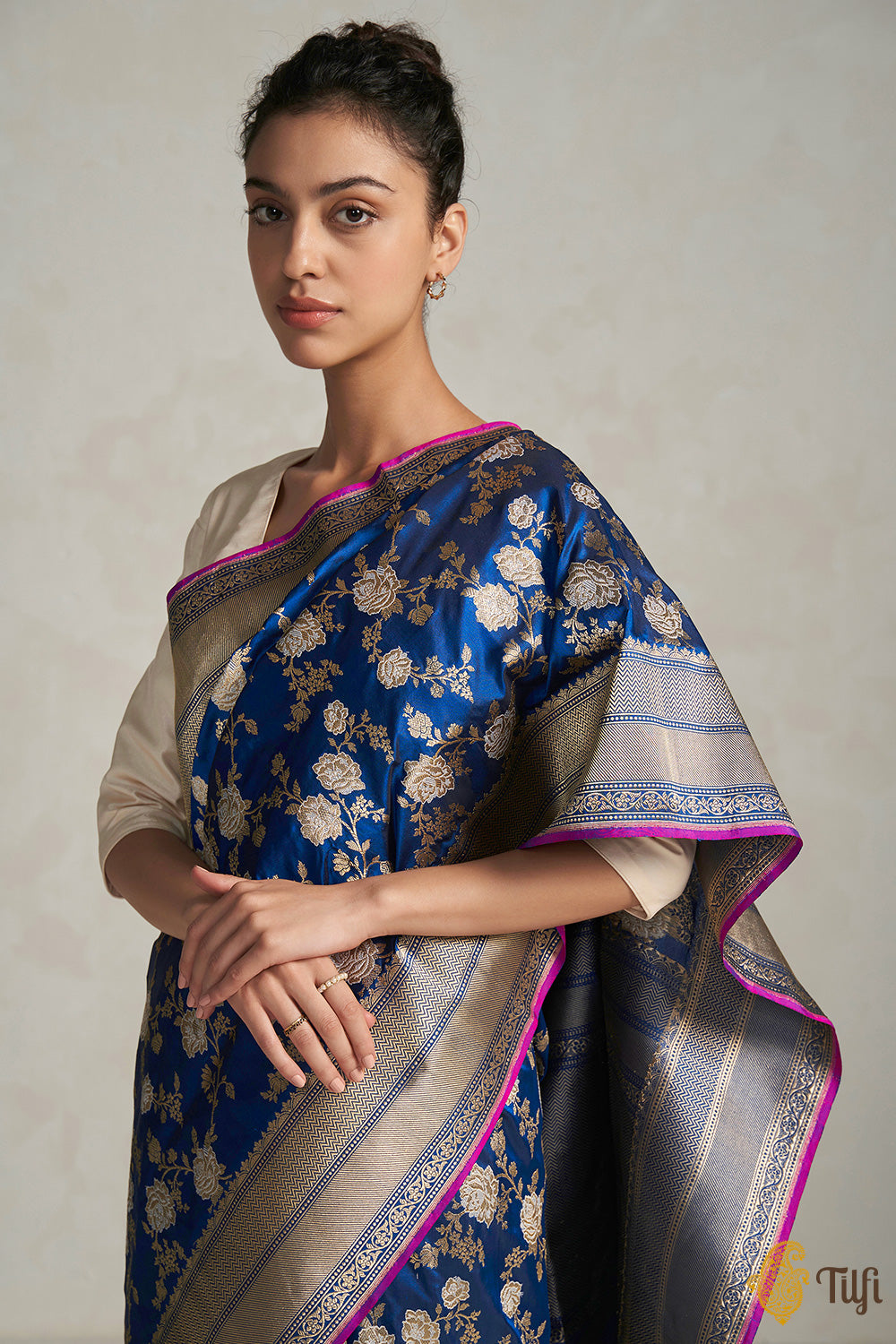 &#39;Sadhana&#39; Midnight Blue Pure Katan Silk Banarasi Handloom Jangla Saree