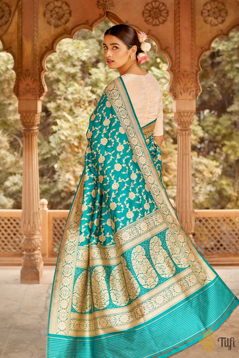 &#39;Arya&#39; Deep Turquoise Pure Katan Silk Banarasi Handloom Saree