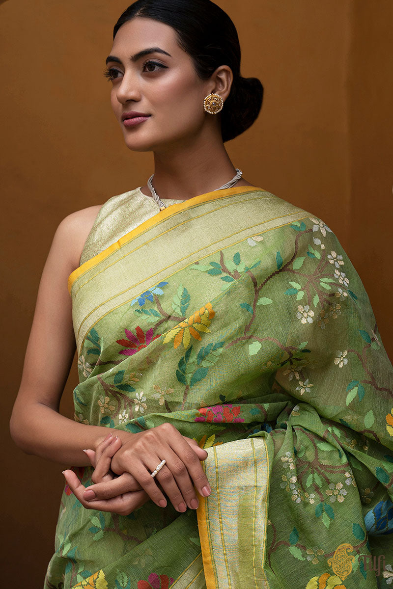 &#39;Zoya&#39; Green Pure Cotton Jamdani Real Zari Banarasi Handloom Saree