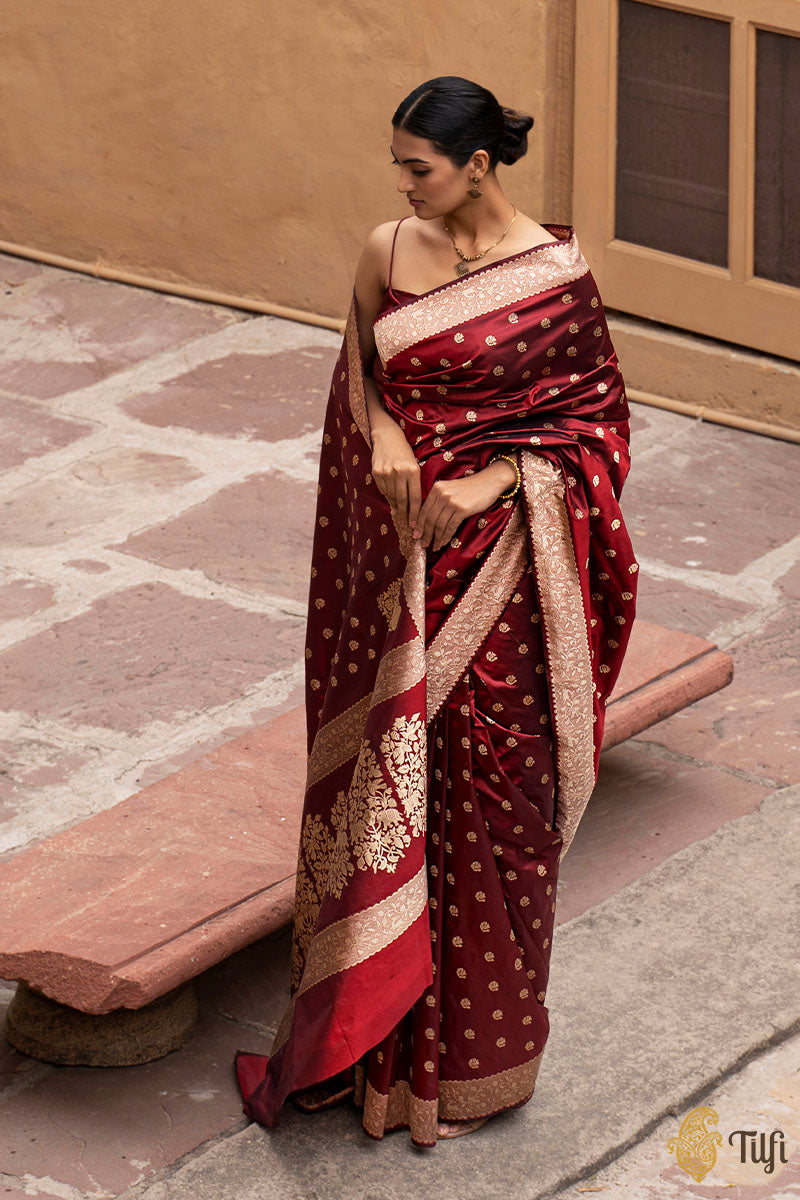 &#39;Janaki&#39; Maroon Pure Katan Silk Real Zari Banarasi Handloom Saree
