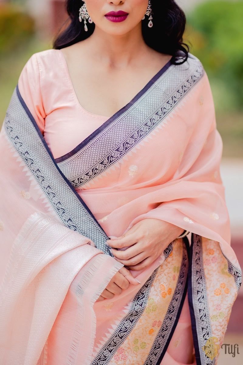 &#39;Chaitra&#39; Peach-Blue Pure Kora Silk Handloom Banarasi Kadwa Saree
