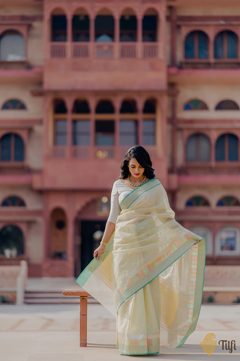 &#39;Vaisakha&#39; Mint Yellow Pure Kora Silk Banarasi Handloom Saree