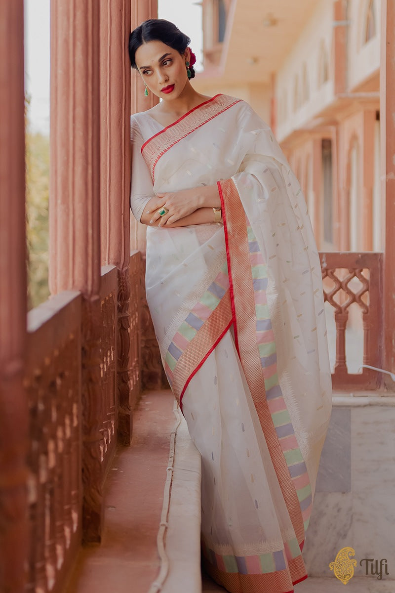 Treditional Kanchipuram Soft Lichi Silk White-Red Kanjivaram Saree With  Unstiched Blouse Piece ||Party||