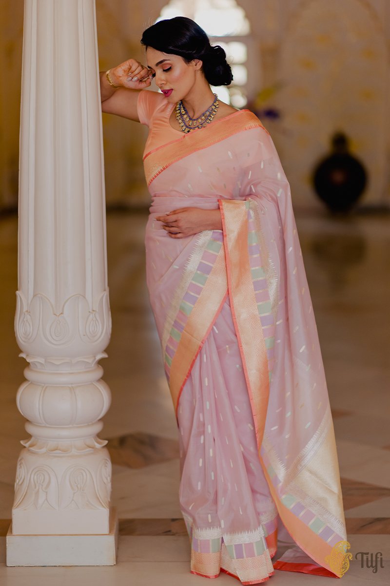 &#39;Vaisakha&#39; Light Pink Pure Kora Silk Banarasi Handloom Saree