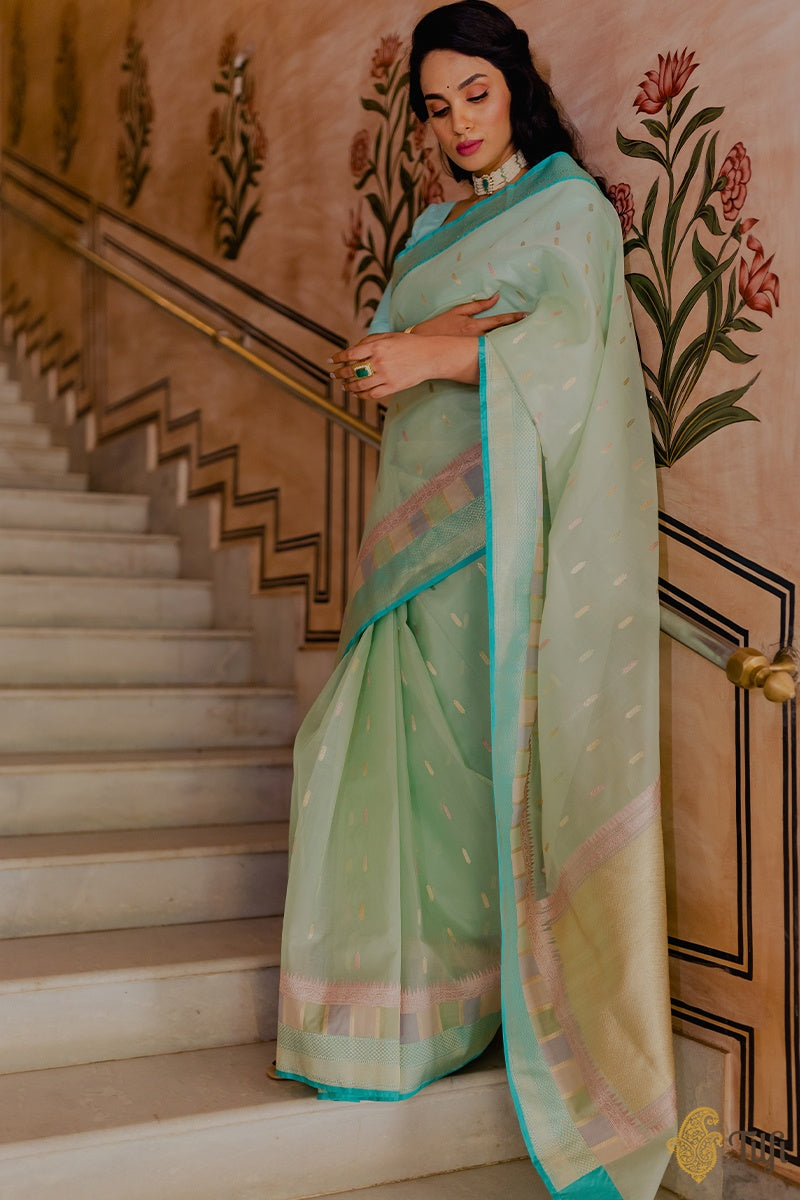&#39;Vaisakha&#39; Mint Green Pure Kora Silk Banarasi Handloom Saree
