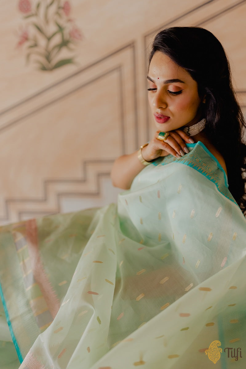 &#39;Vaisakha&#39; Mint Green Pure Kora Silk Banarasi Handloom Saree