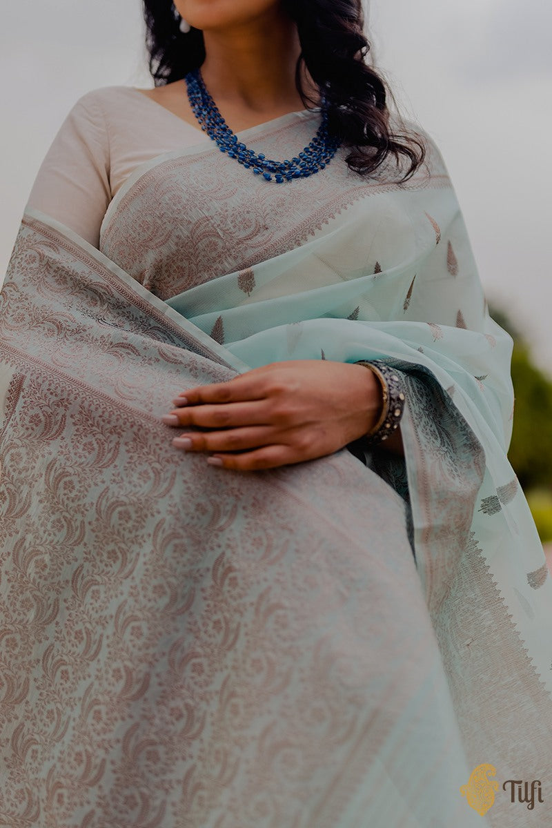 &#39;Sravani&#39; Light Blue Pure Kora Silk Banarasi Handloom Saree