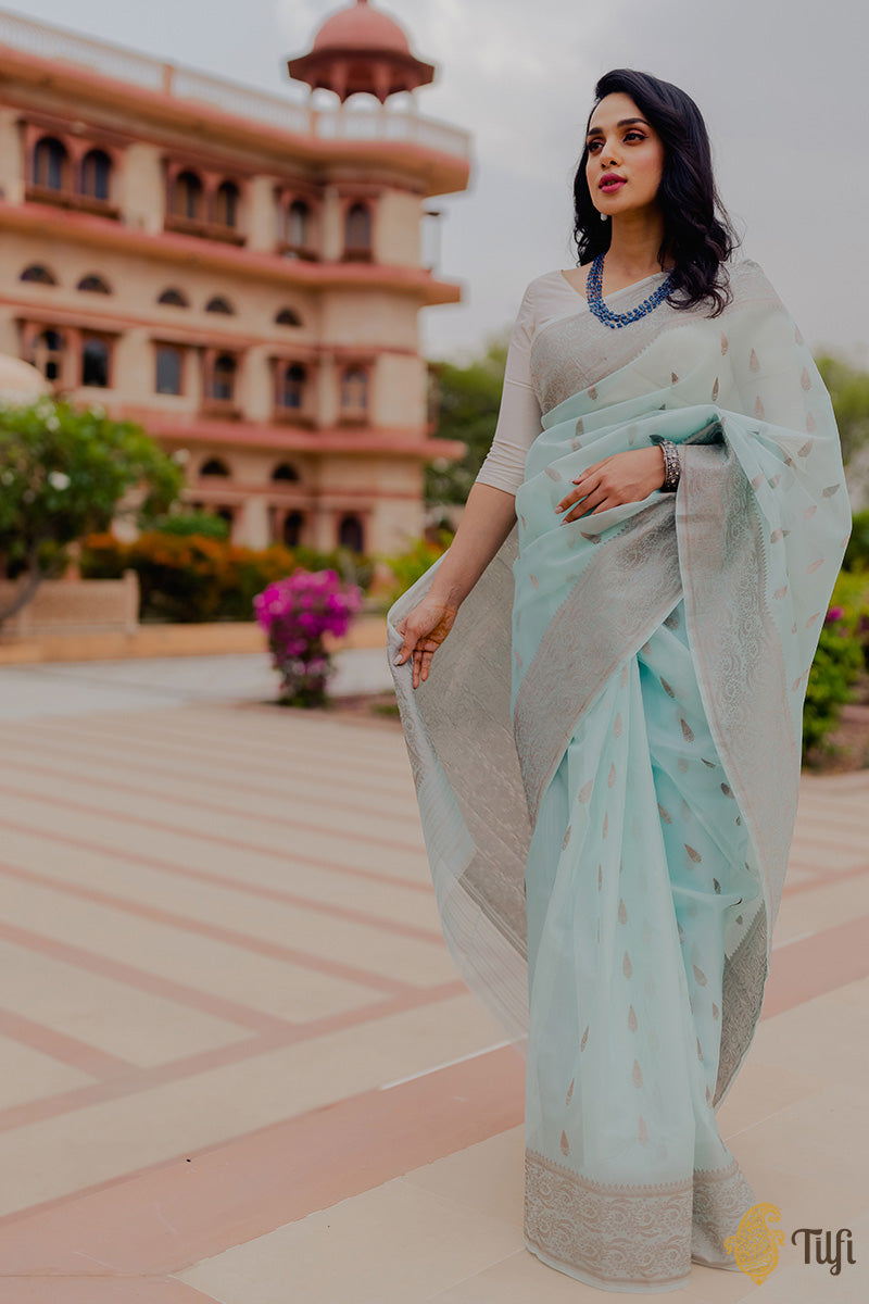 &#39;Sravani&#39; Light Blue Pure Kora Silk Banarasi Handloom Saree
