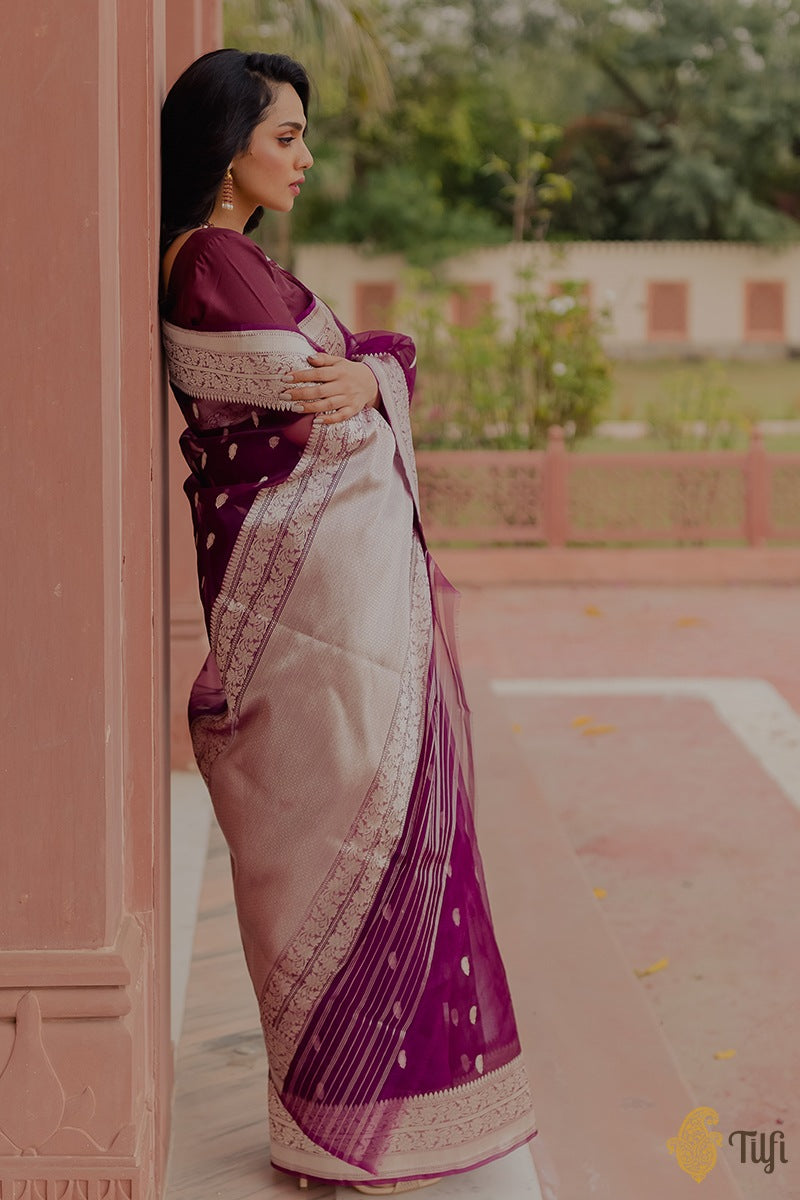 &#39;Magha&#39; Purple Pure Kora Silk Handloom Banarasi Kadwa Saree