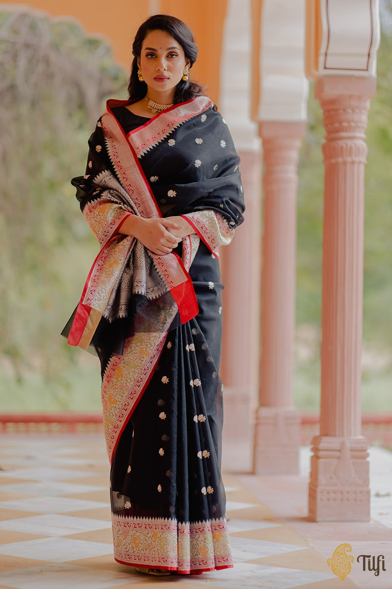 &#39;Chaitra&#39; Black-Red Pure Kora Silk Handloom Banarasi Kadwa Saree