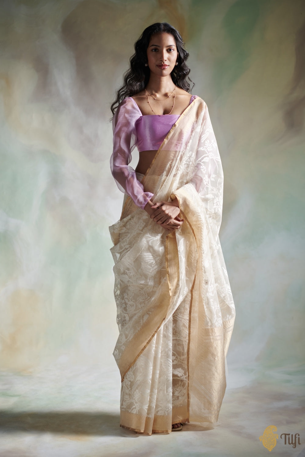 Pre-Order: Off-White Pure Kora Silk Net Banarasi Handloom Saree