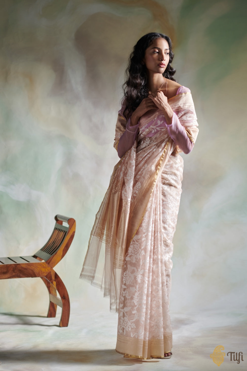 Pre-Order: Powder Pink Pure Kora Silk Net Banarasi Handloom Saree