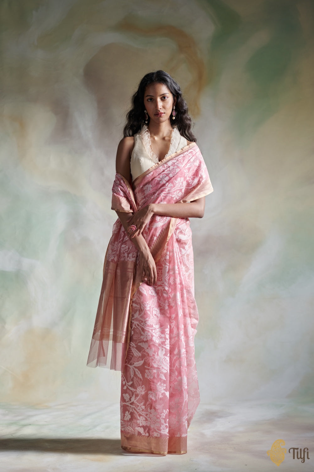 Pre-Order: Flamingo Pink Pure Kora Silk Net Banarasi Handloom Saree