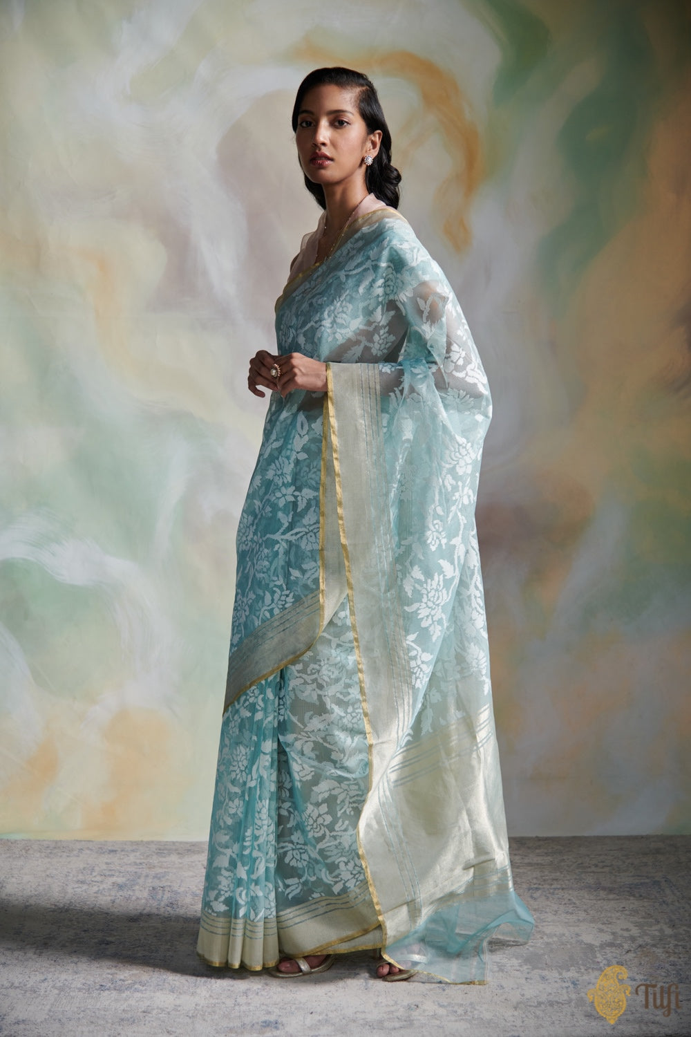 Pre-Order: Light Blue Pure Kora Silk Net Banarasi Handloom Saree