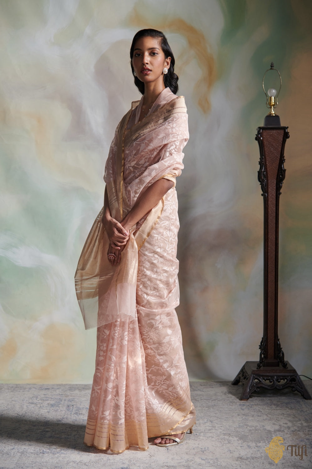 Old Rose Pink Pure Kora Silk Net Banarasi Handloom Saree