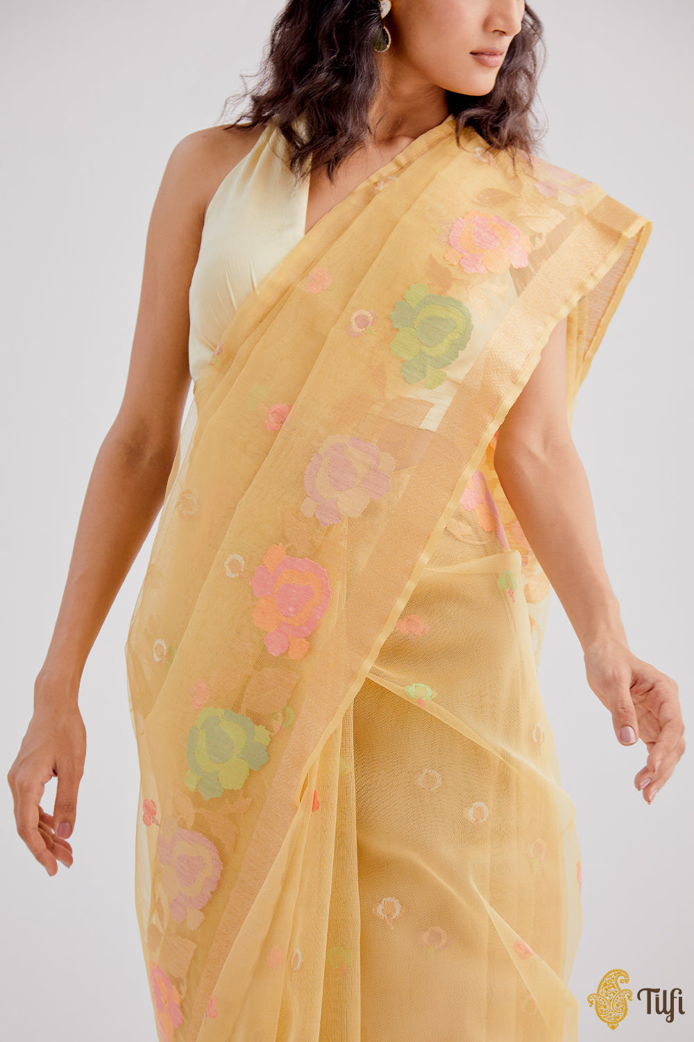 Light Yellow Pure Kora Silk Net Banarasi Handloom Saree