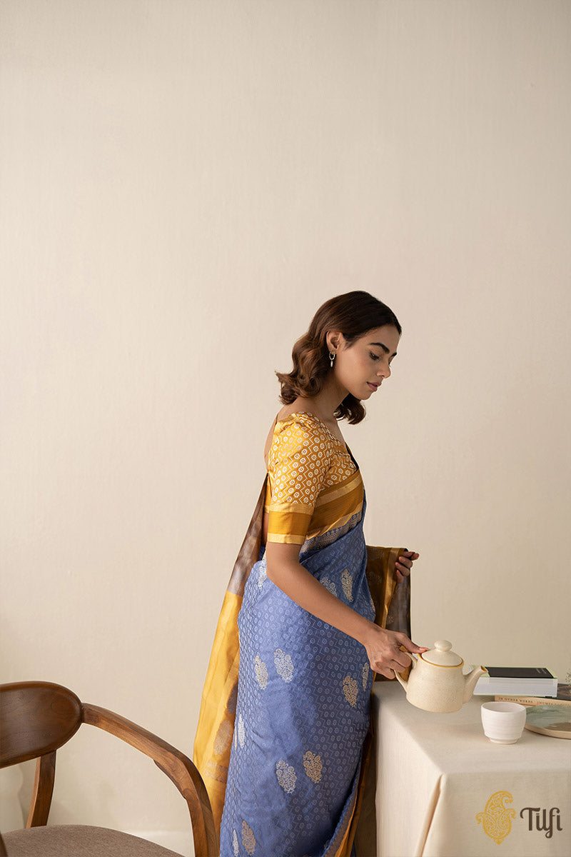 Blue-Mustard Pure Soft Satin Silk Banarasi Handloom Saree