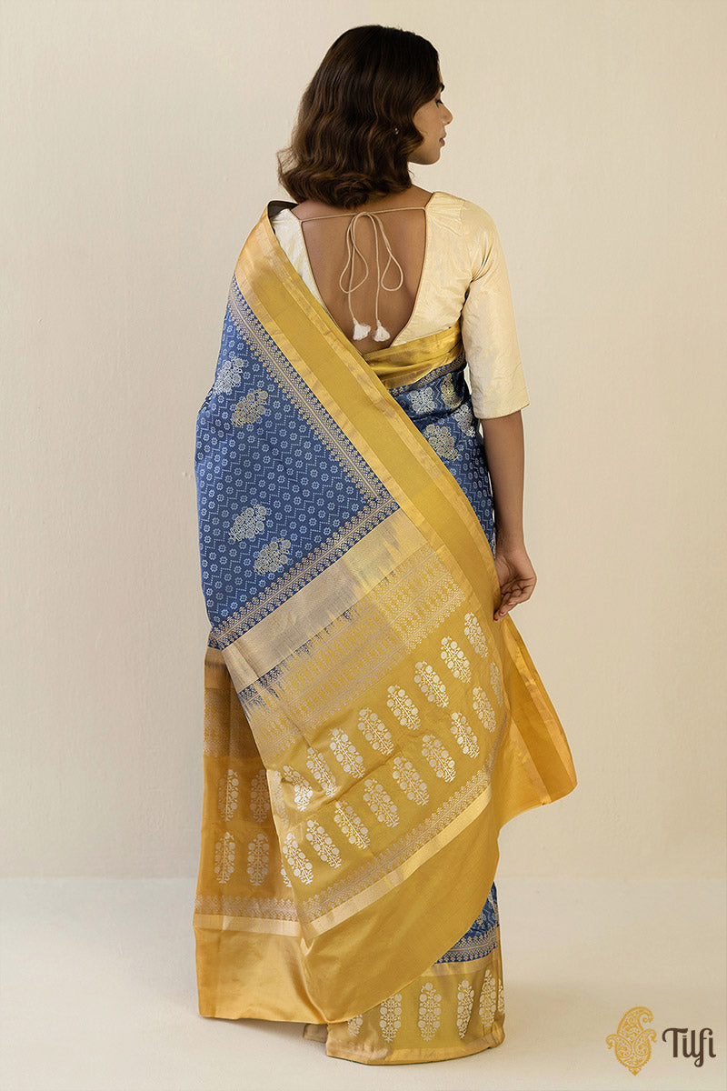 Dark Blue-Gold Pure Soft Satin Silk Banarasi Handloom Saree