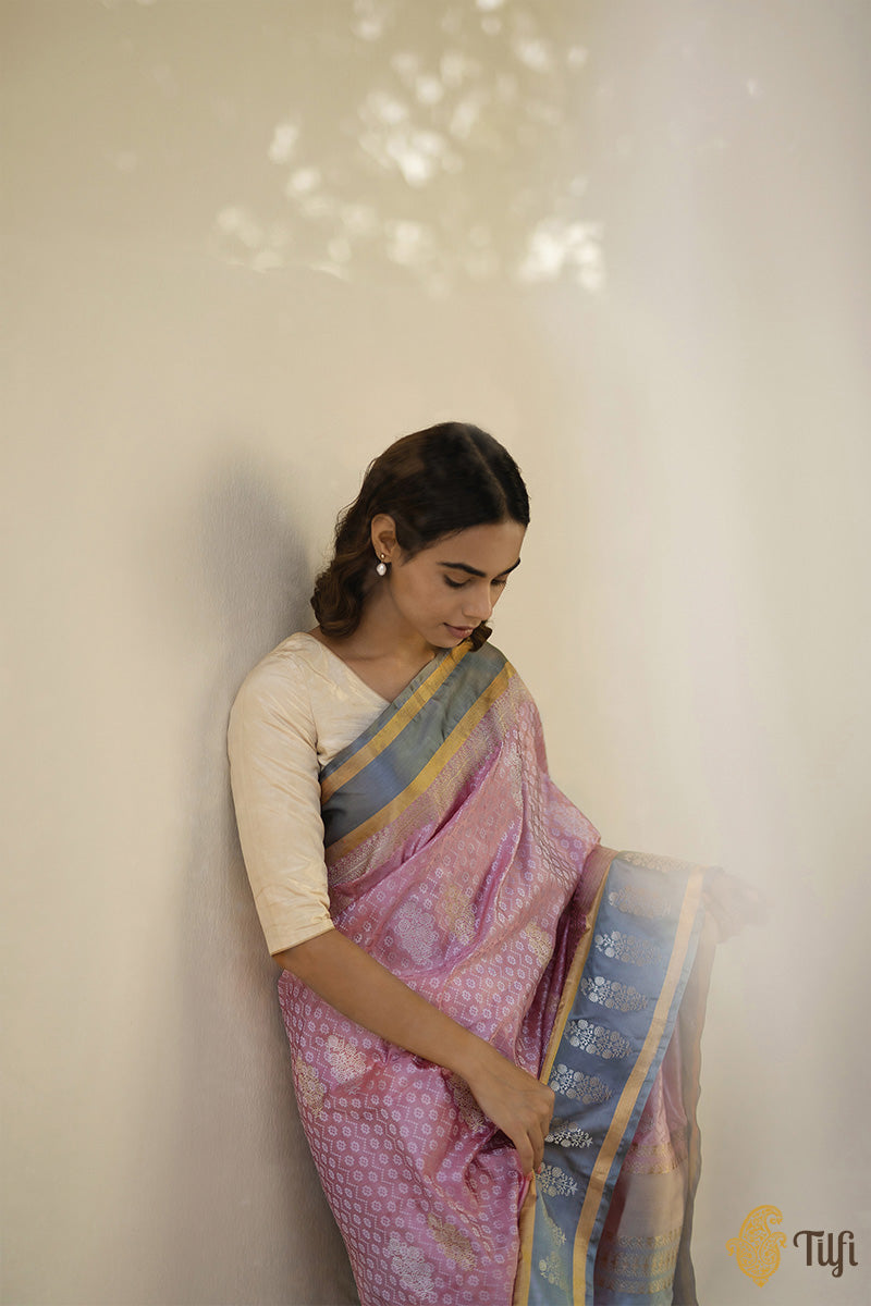 Light Pink-Grey Pure Soft Satin Silk Banarasi Handloom Saree
