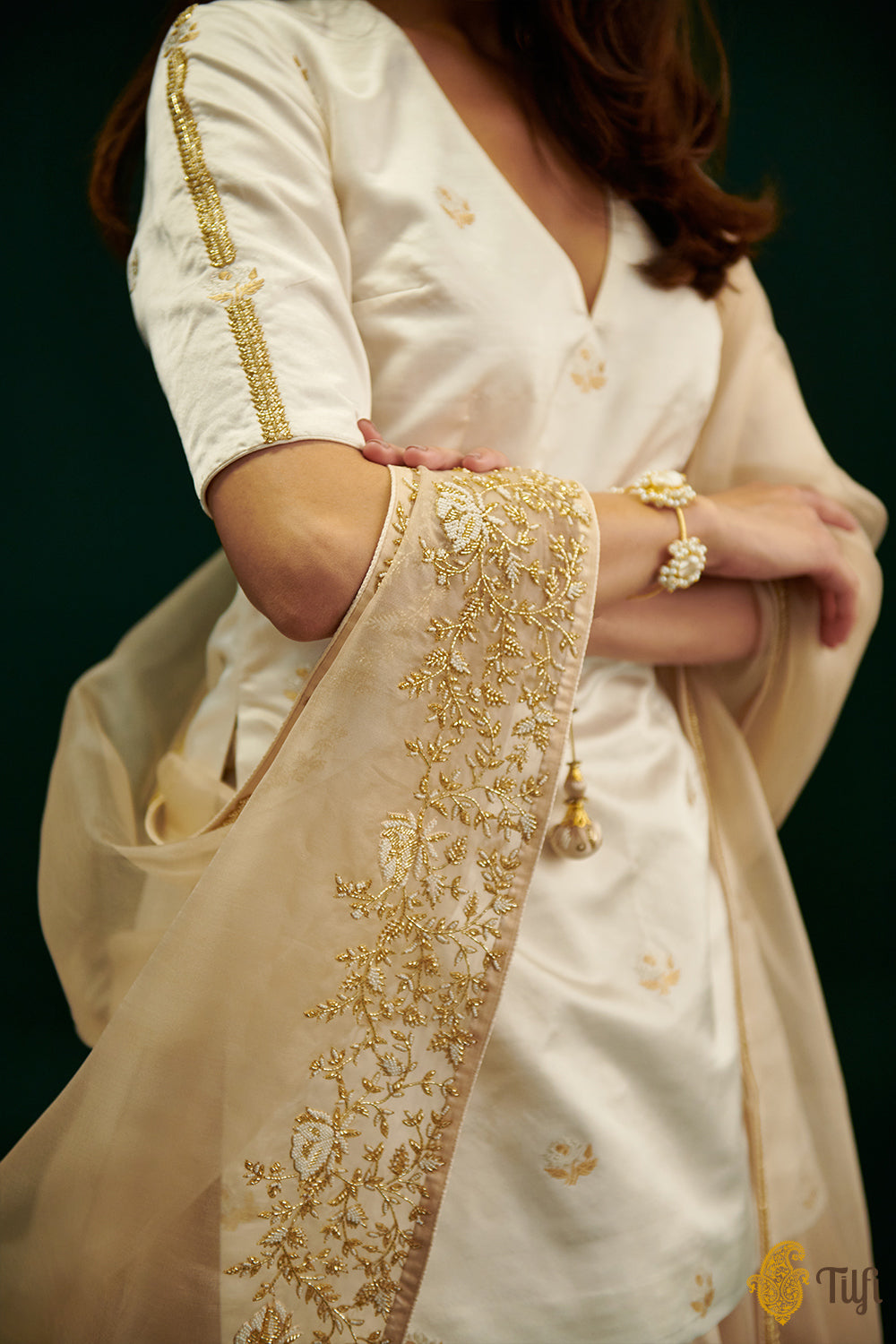 Off-white Pure Satin Silk Short Kurta with Hand-embroidered Skirt and Dupatta