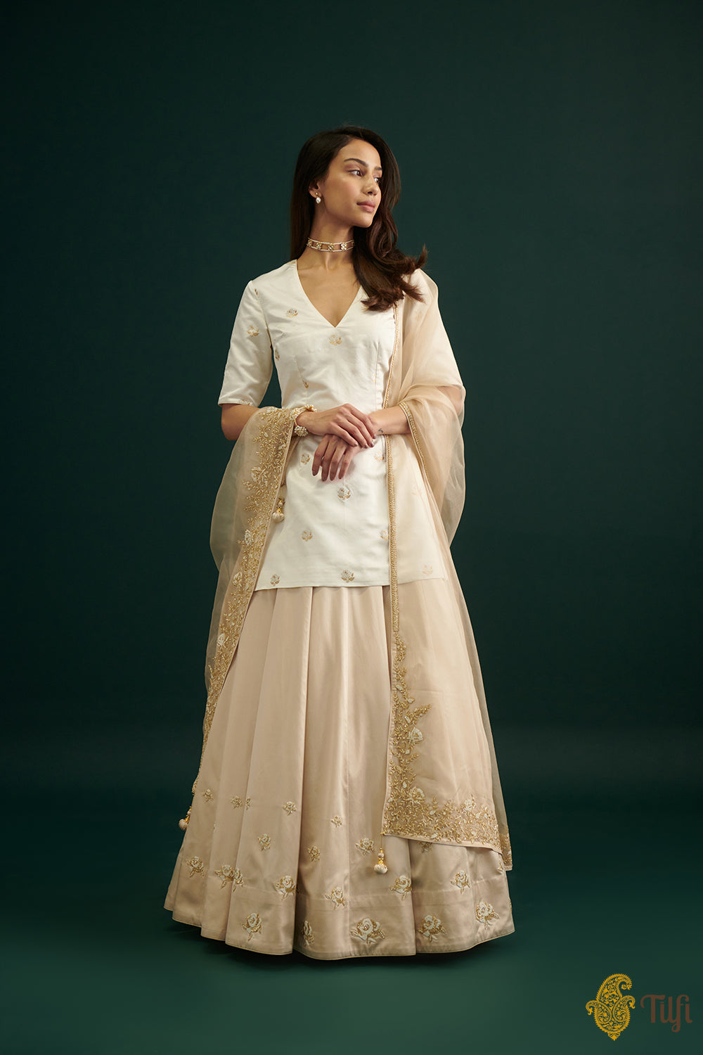 Off-white Pure Satin Silk Short Kurta with Hand-embroidered Skirt and Dupatta