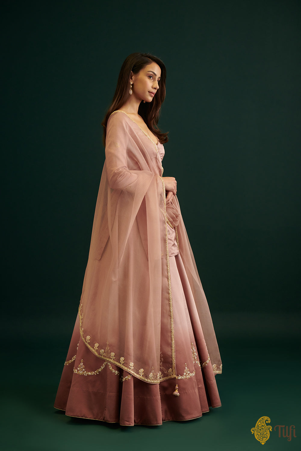 Old Rose Pure Satin Silk Short Kurta with Hand-embroidered Skirt and Dupatta