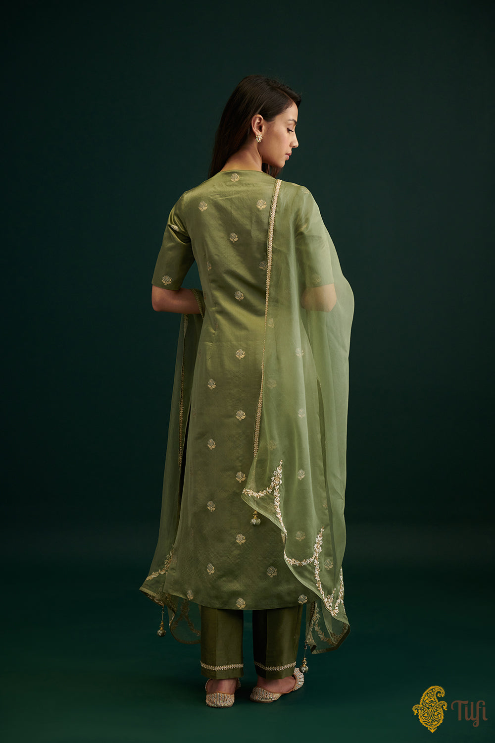 Olive Green Pure Satin Silk Kurta with Hand-embroidered Pants and Dupatta