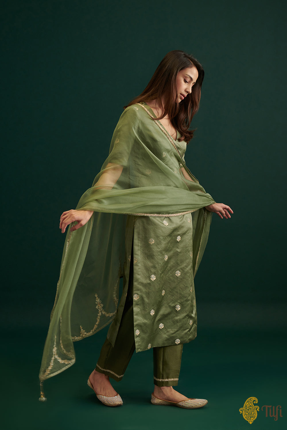 Olive Green Pure Satin Silk Kurta with Hand-embroidered Pants and Dupatta