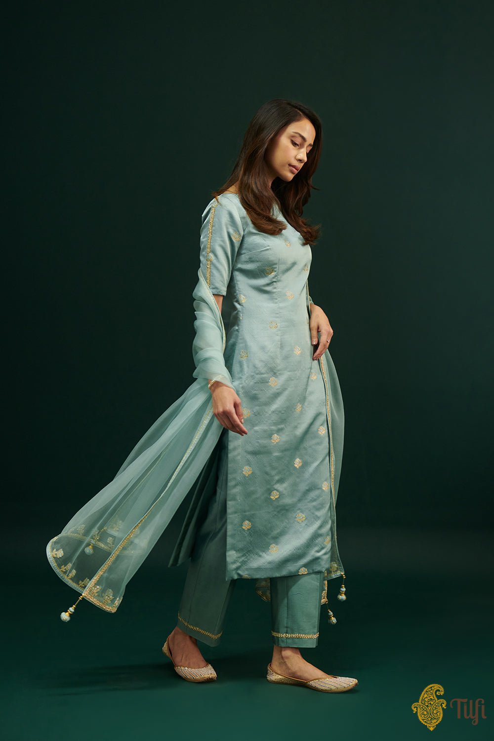 Powder Blue Pure Satin Silk Kurta with Hand-embroidered Pants and Dupatta