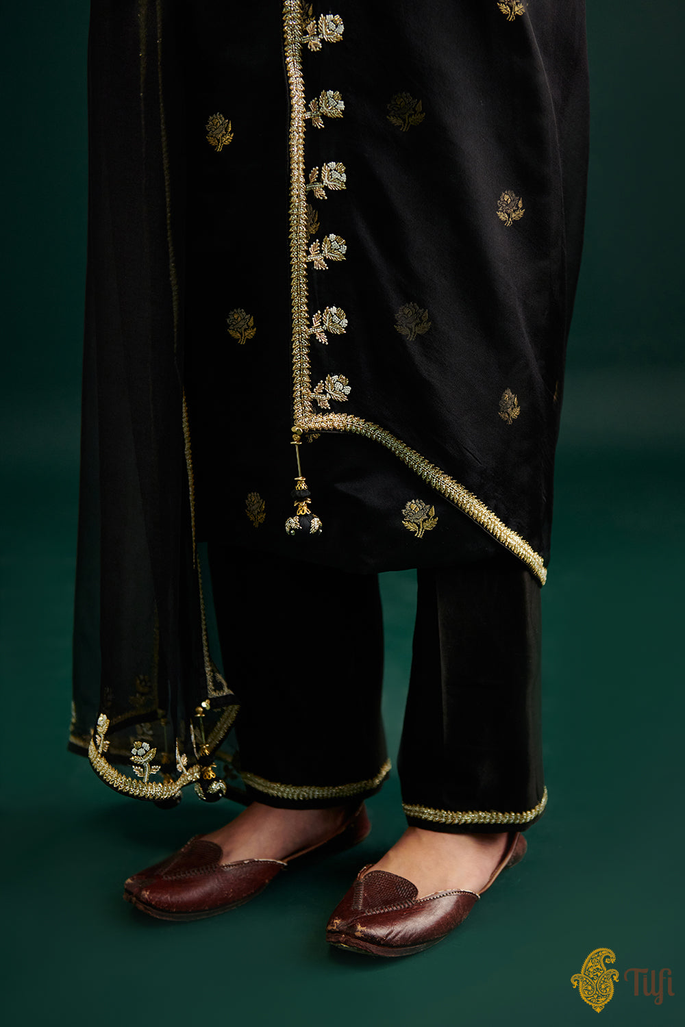 Black Pure Satin Silk Kurta with Hand-embroidered Pants and Dupatta
