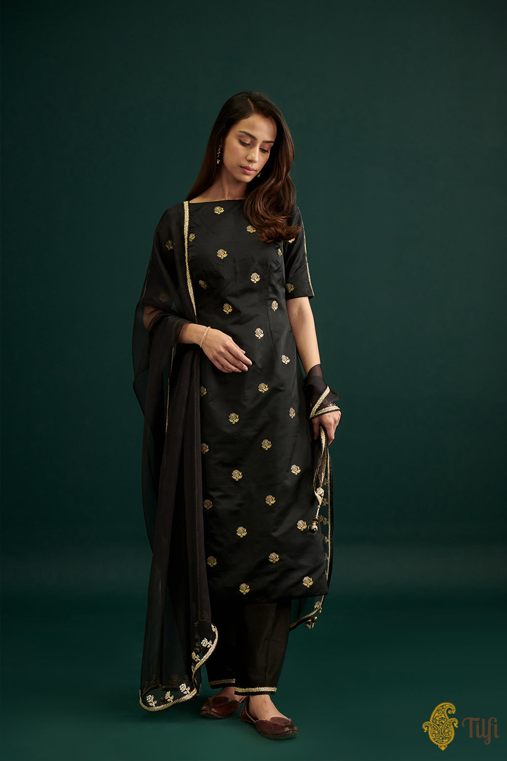 Black Pure Satin Silk Kurta with Hand-embroidered Pants and Dupatta