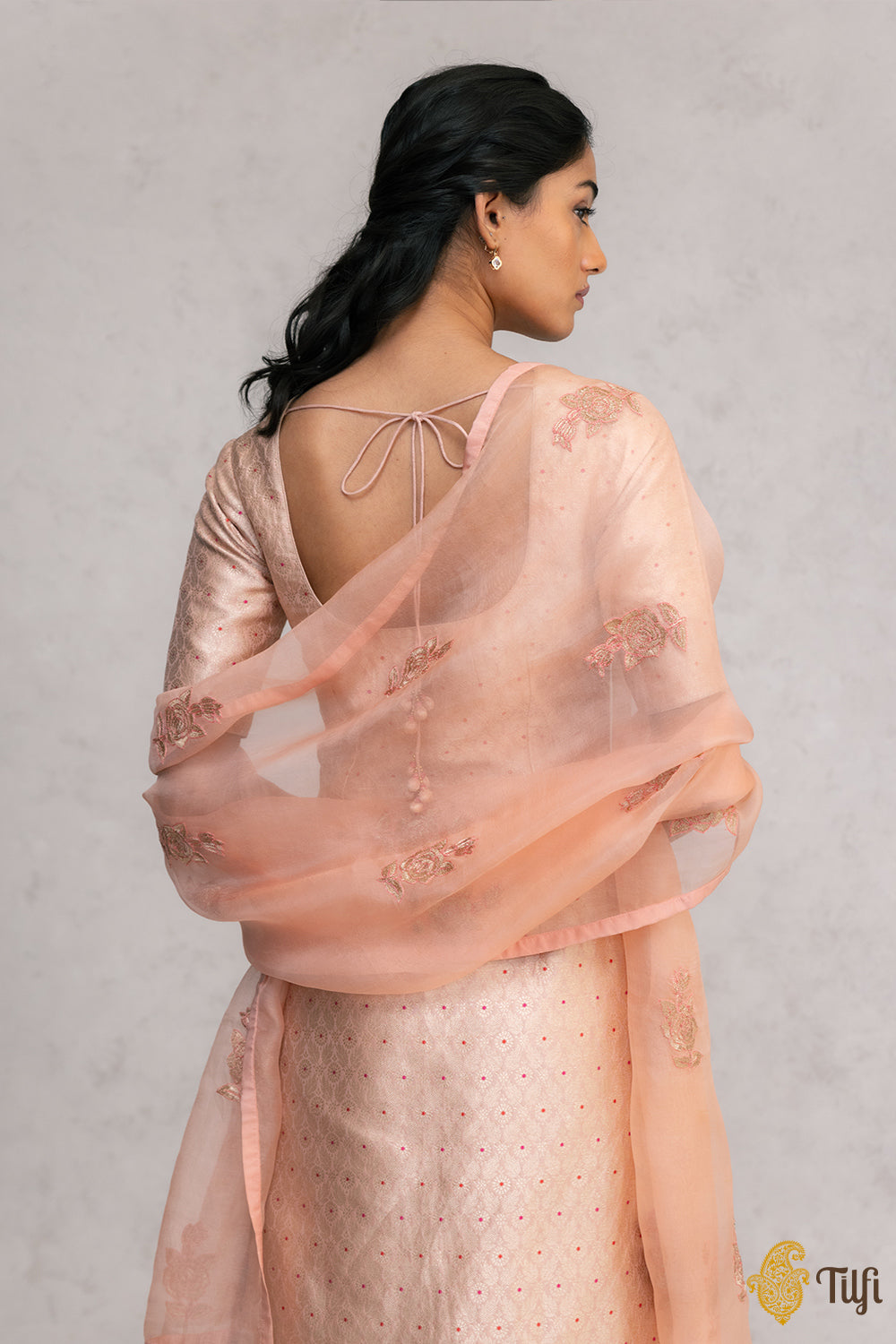 Light Peach Pink Brocade Banarasi Handloom Suit Set with Hand-embroidered Dupatta