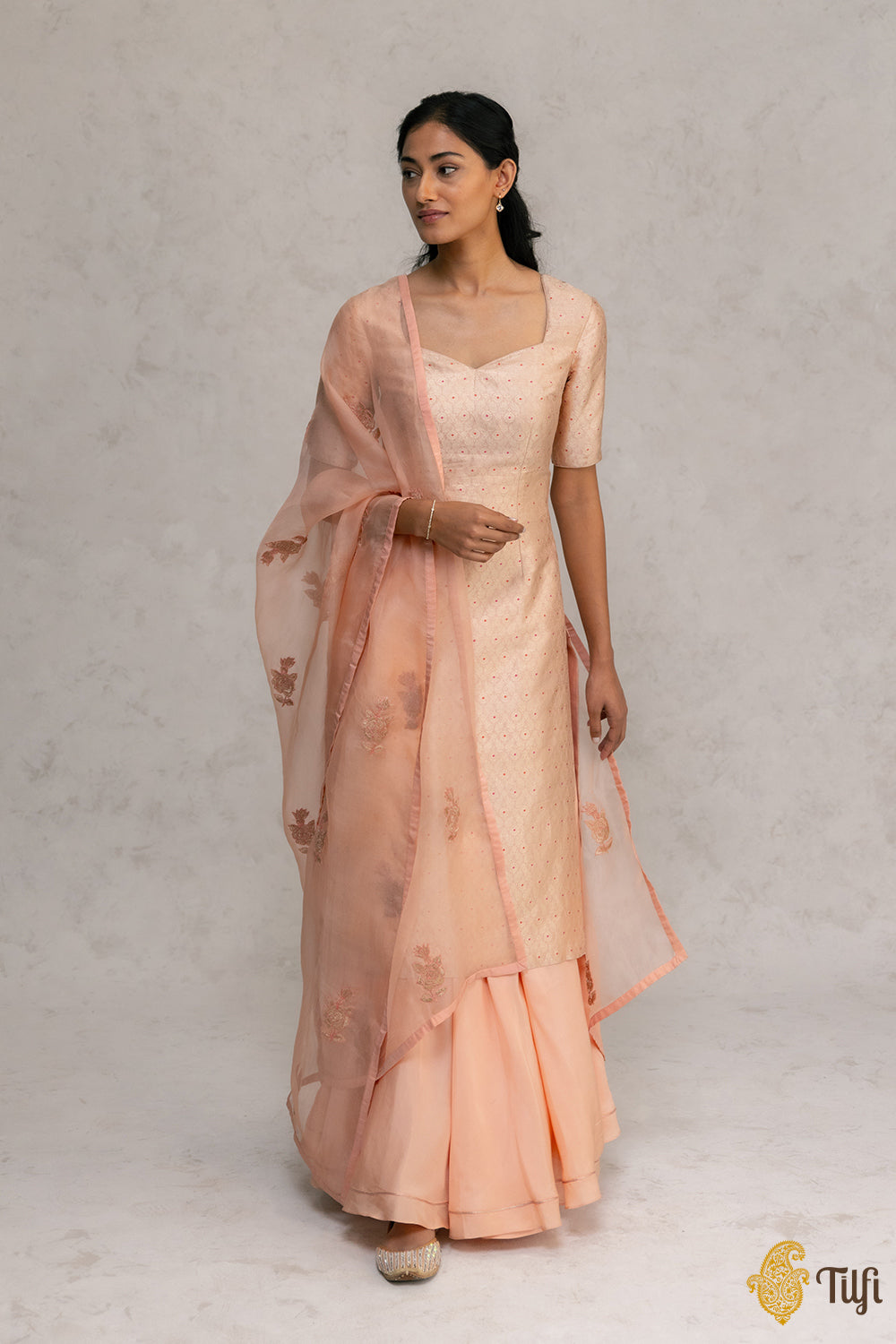 Light Peach Pink Brocade Banarasi Handloom Suit Set with Hand-embroidered Dupatta