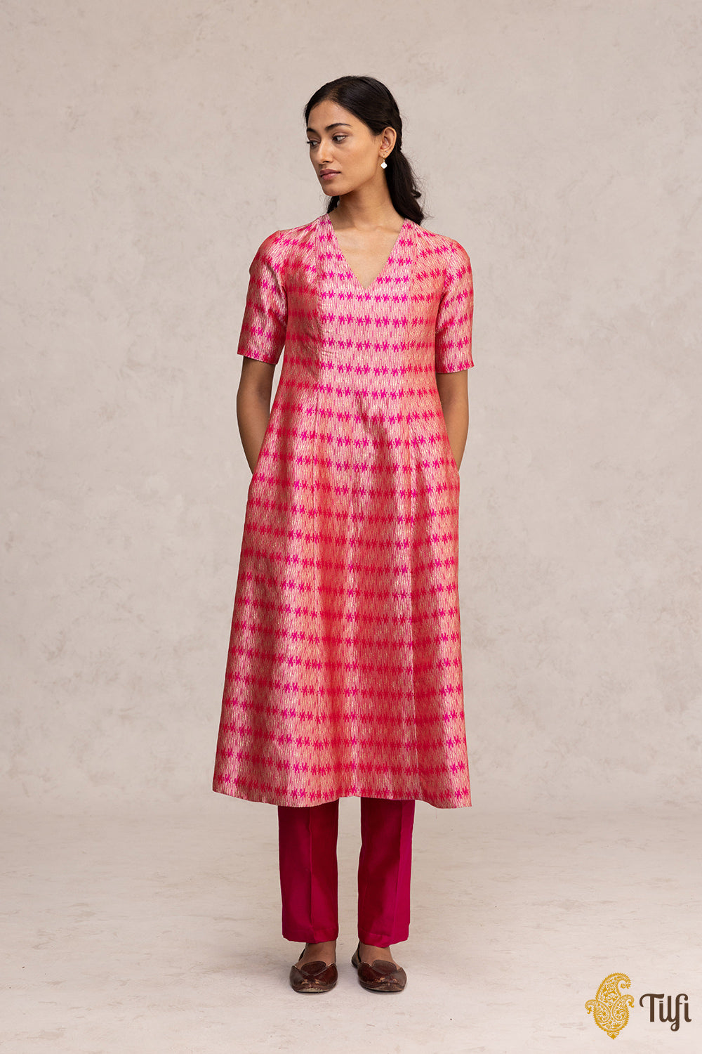 Rani Pink Brocade Banarasi Handloom Kurta Set