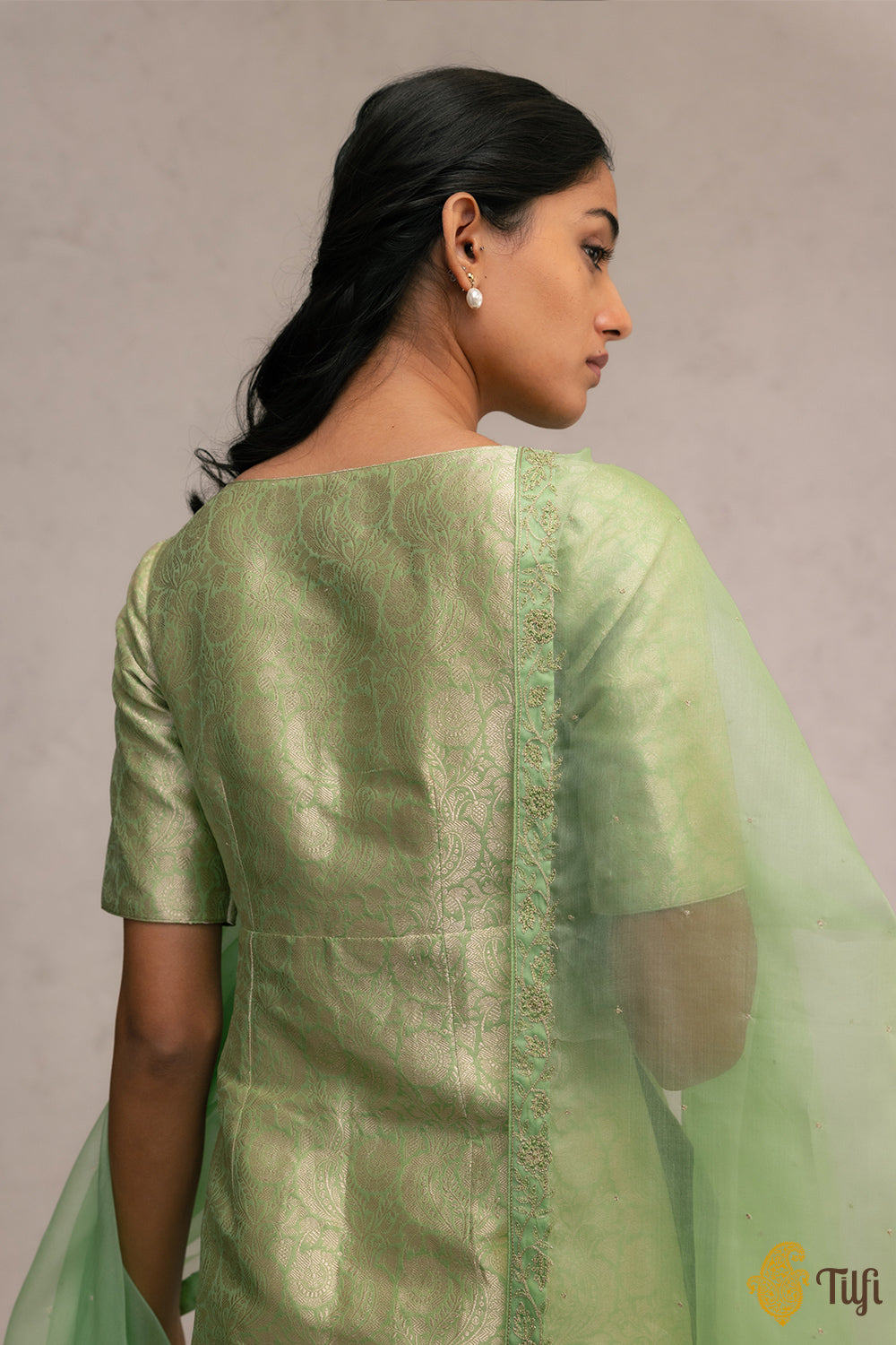 Pista Green Brocade Banarasi Handloom Suit Set with Hand-embroidered Dupatta
